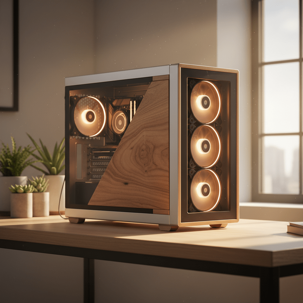 Eco-friendly PC case with recycled aluminum, reclaimed wood, and bamboo details.