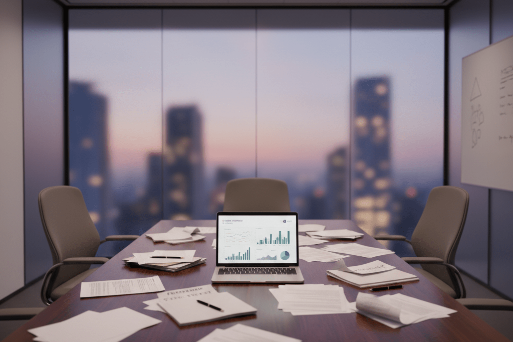 Wide shot of modern office table with laptop and papers under warm ambient lighting, suggesting corporate change