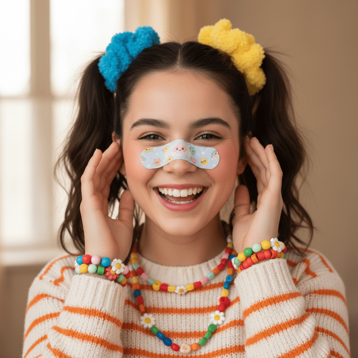 Young person with cartoon bandaid, pigtails, and colorful beaded jewelry smiles.