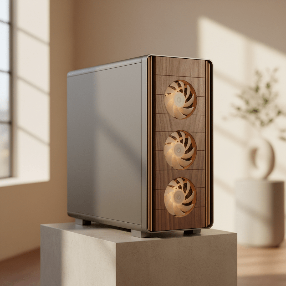 High-performance PC case with recycled aluminum, reclaimed wood, and bamboo accents.