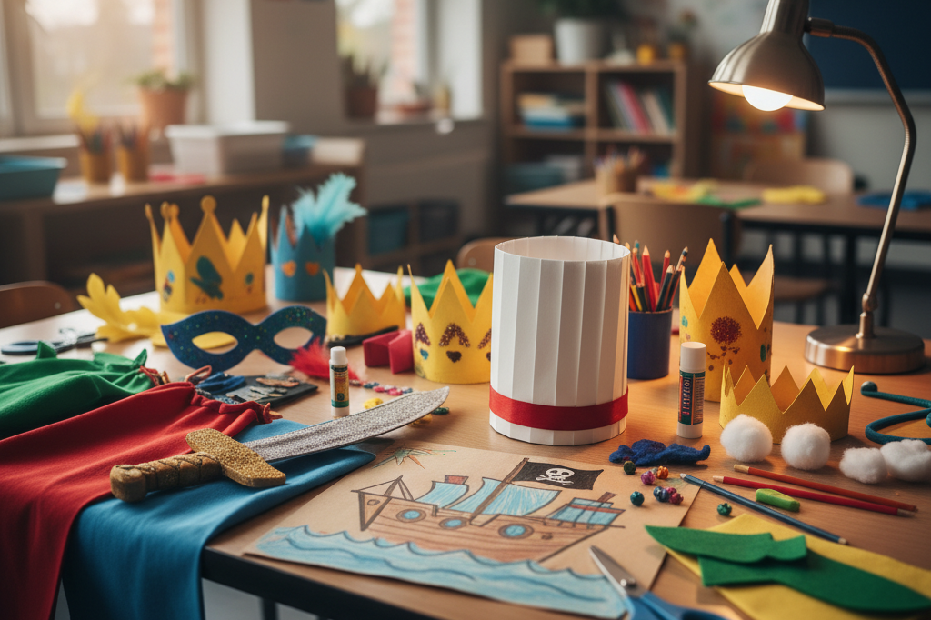 Vibrant classroom table with handmade costumes and drawings under natural light, symbolizing educational theme engagement