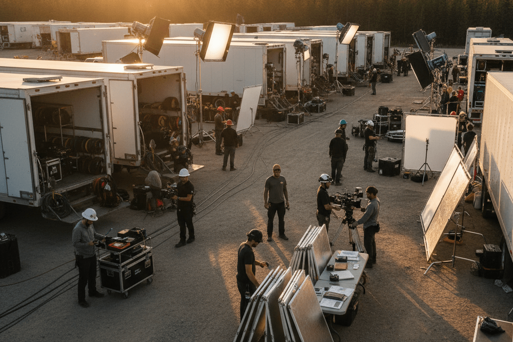 Wide shot of a film crew preparing equipment under sunset lighting, highlighting coordination and logistics in Canadian entertainment production
