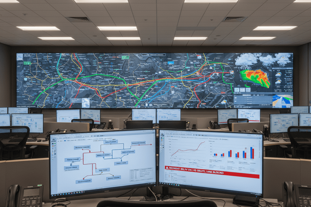 Advanced transportation management center with real-time monitoring systems Workstation in a logistics control room showcasing digital traffic maps, analytics, and optimization tools under warm ambient lighting.