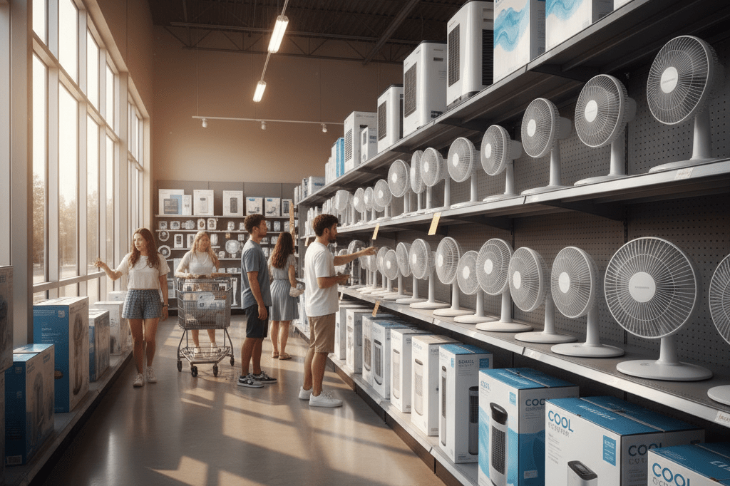 Retail Cooling Products Section During Unexpected Heat Wave Demand Shoppers browsing a well-lit cooling products aisle filled with air conditioners and fans during high-temperature surge