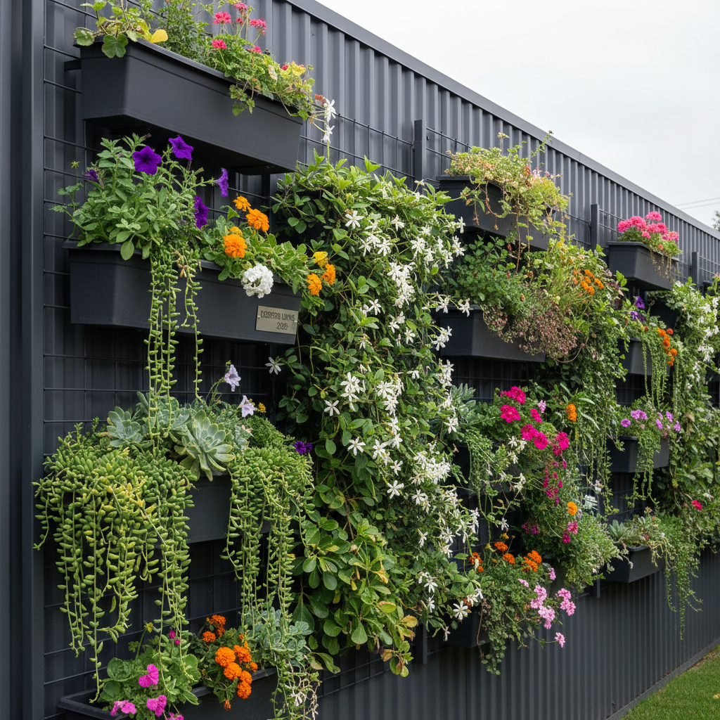 Charcoal corrugated metal fence with integrated planters and lush climbing vines.