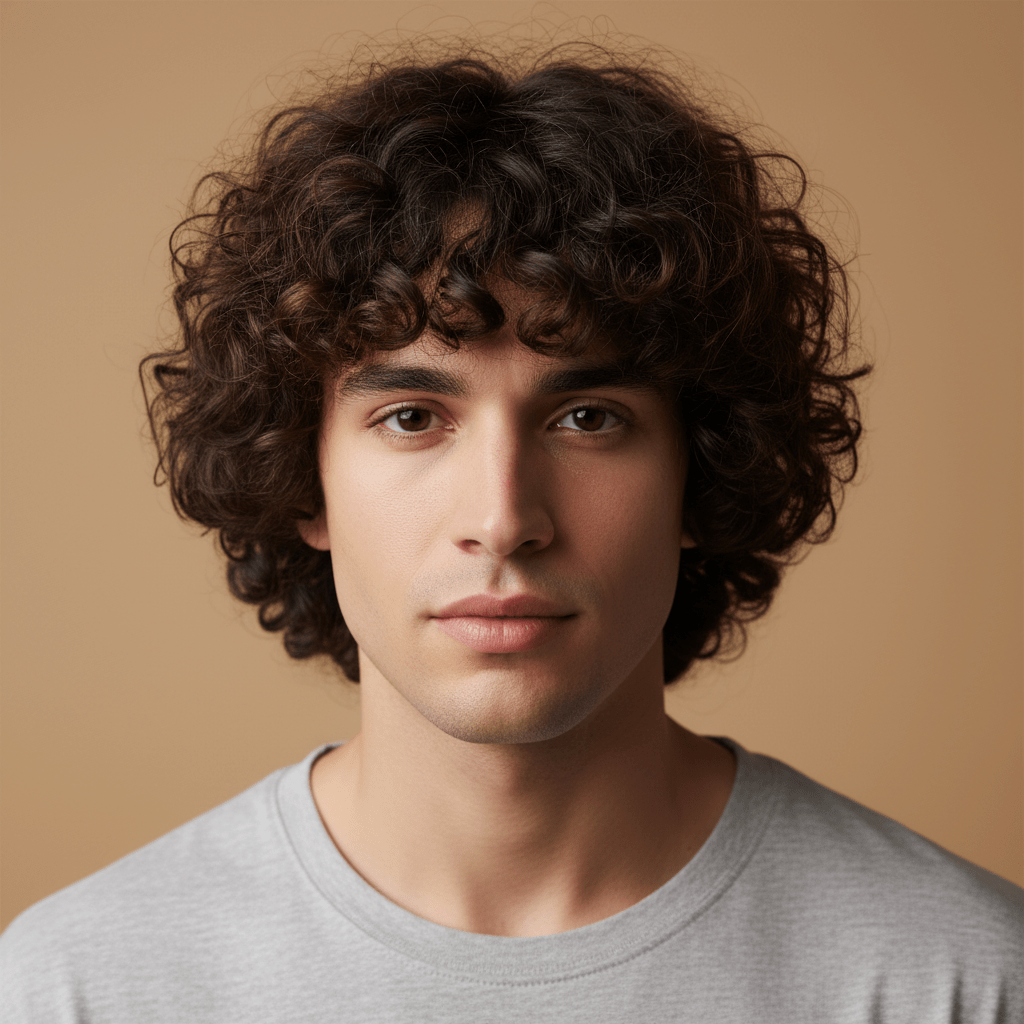 Model showcasing natural curly shag hairstyle with defined, bouncy, frizz-free curls.