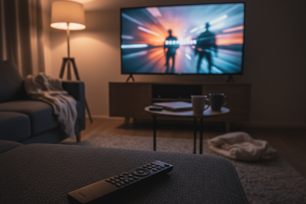 Medium shot of a cozy living room with a softly glowing TV displaying indistinct cinematic action silhouettes and a remote on the sofa