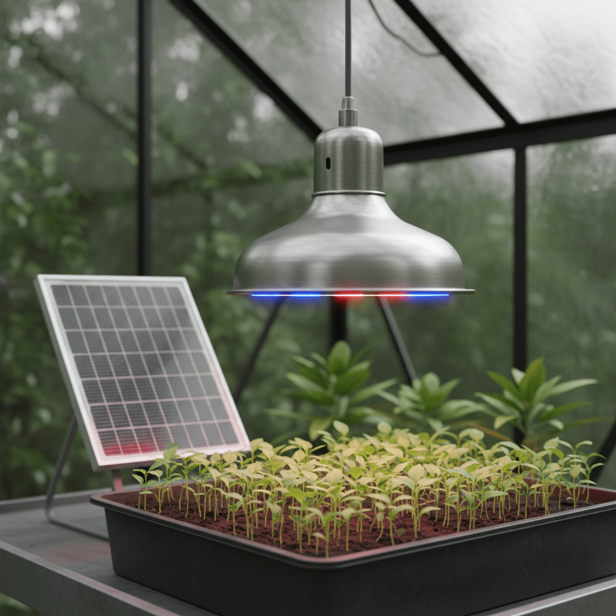 Sleek solar LED light illuminates lush seedlings in an urban greenhouse.