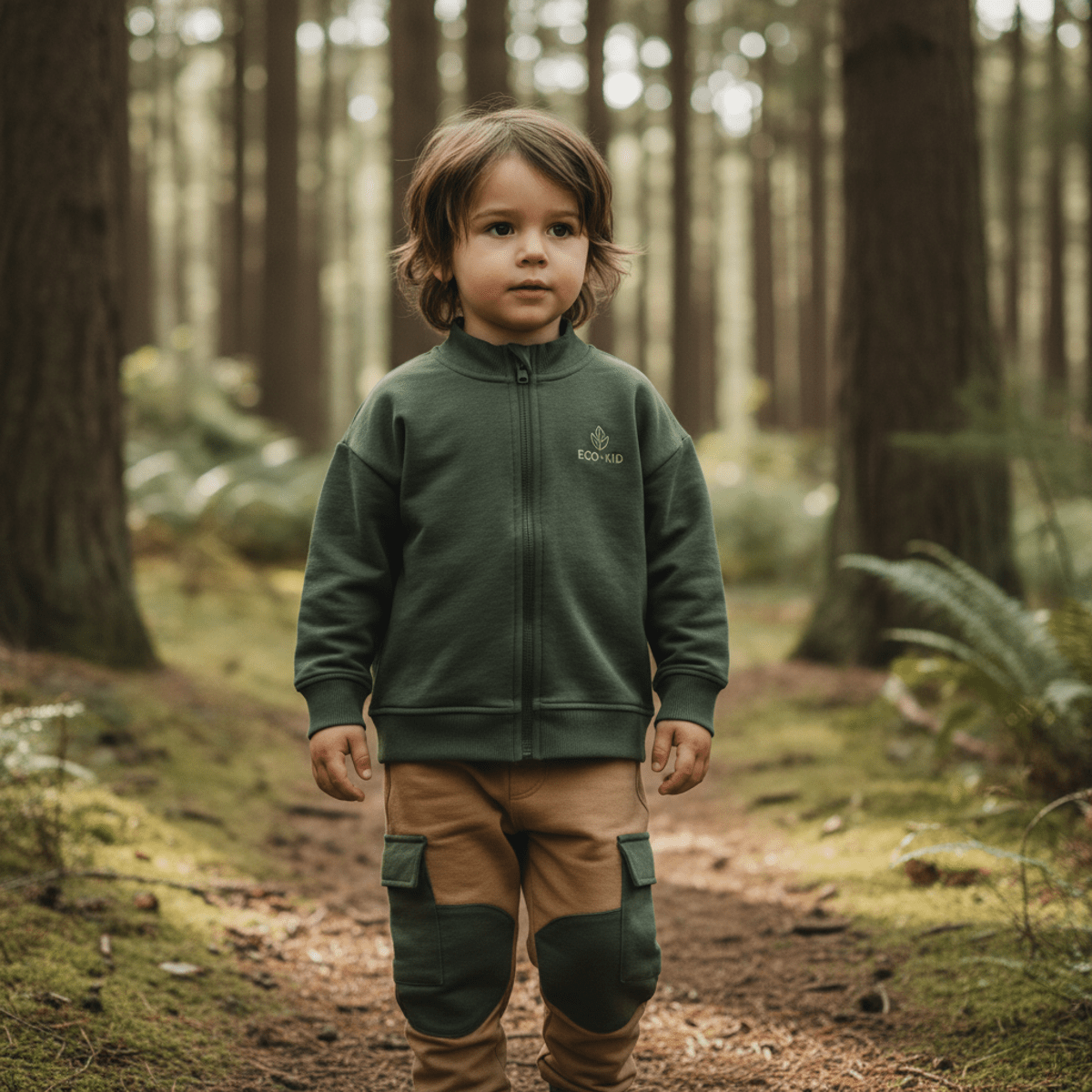 Child in olive green organic cotton sweatsuit on forest trail.