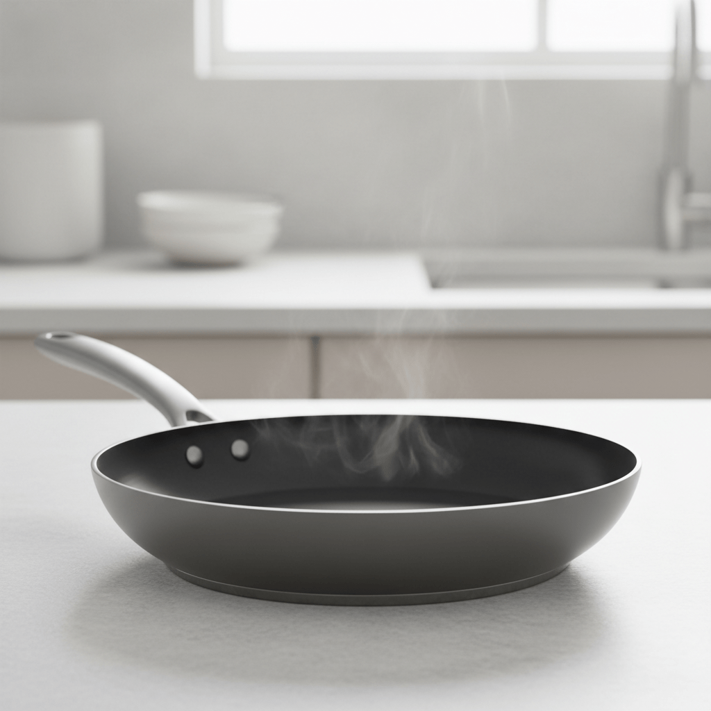 Induction-optimized hard-anodized aluminum frying pan on a modern kitchen countertop.