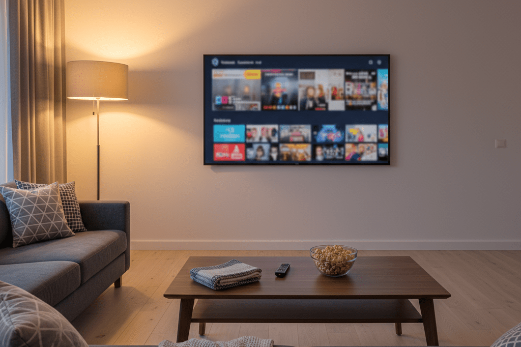 Living room with TV showing generic streaming visuals under warm ambient light, highlighting home entertainment experience