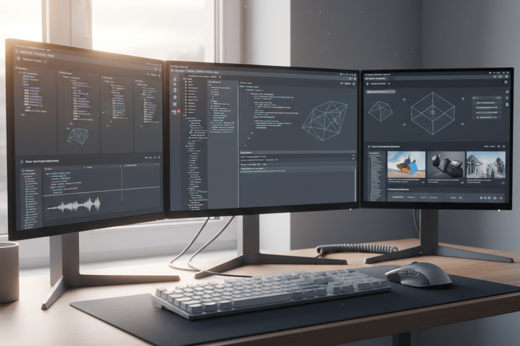 Clean desk with multiple monitors showing code, lit by natural and screen light, representing global digital release strategy
