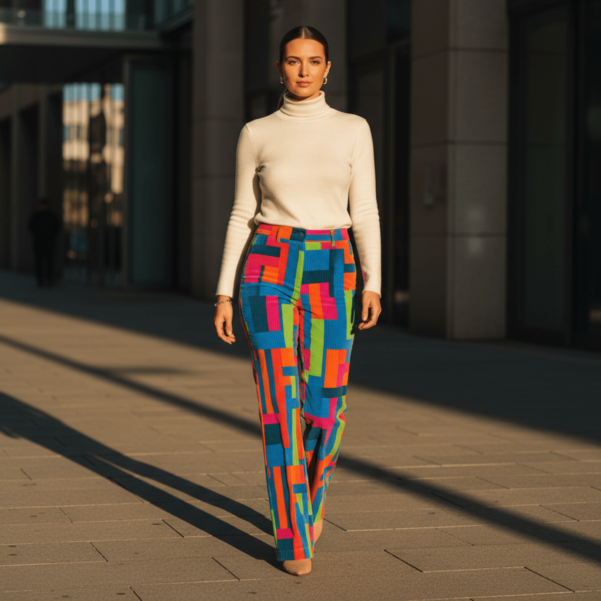 Vibrant geometric corduroy pants in an urban setting at golden hour.