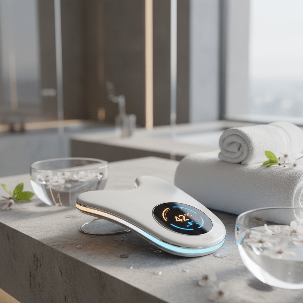High-tech gua sha device with dual temperature settings in a serene spa setting.
