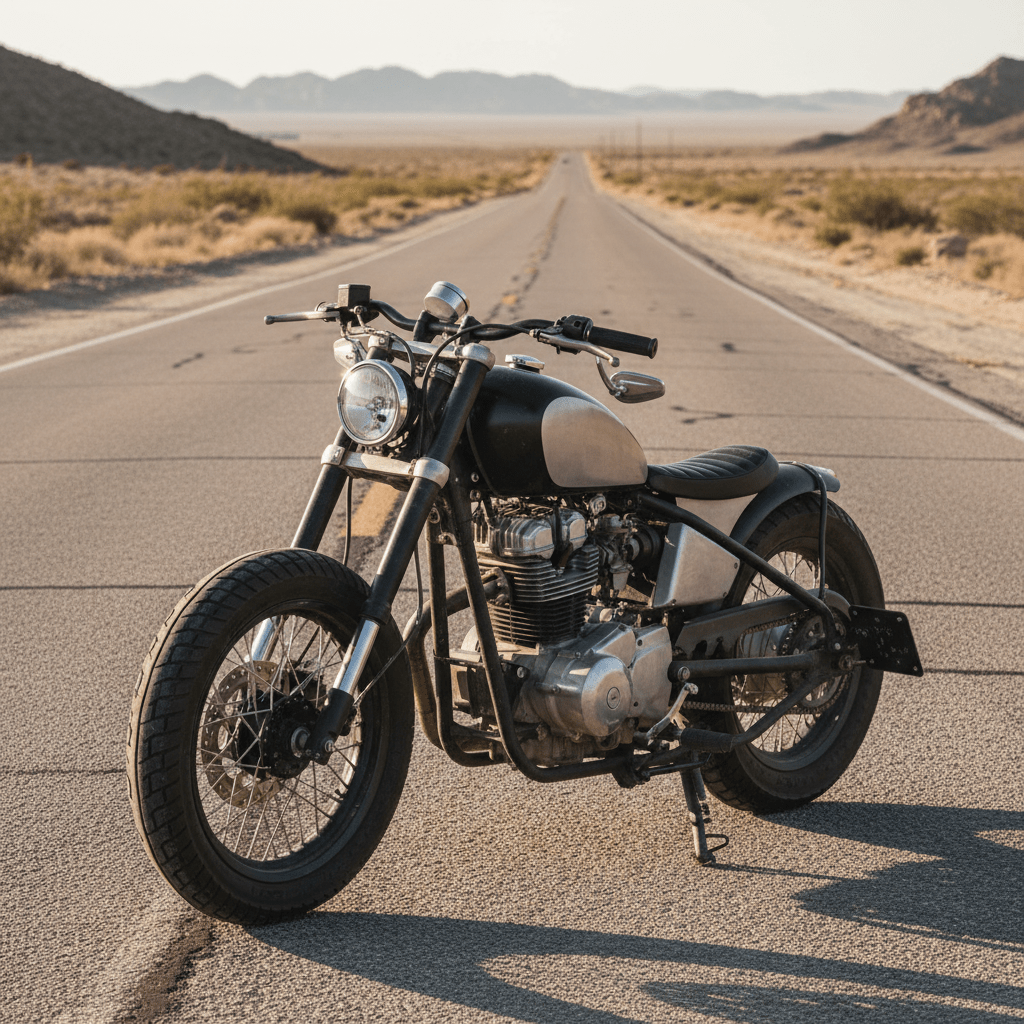 Minimalist bobber motorcycle on a desert highway at golden hour, showcasing its clean lines.