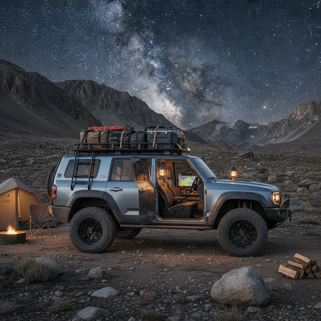 Rugged 4x4 off-road vehicle parked at a remote mountain basecamp under a starry night.