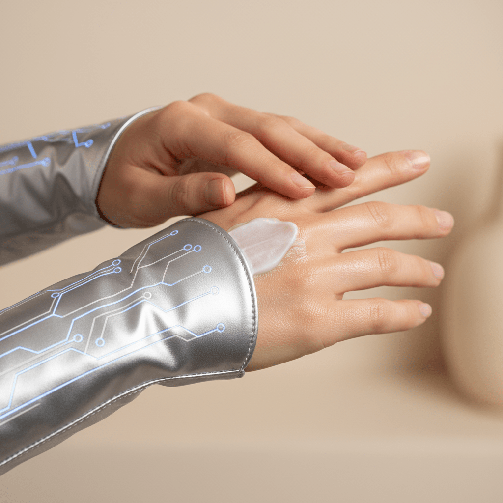 Close-up of futuristic microcurrent gloves applying rich cream to well-moisturized hands.