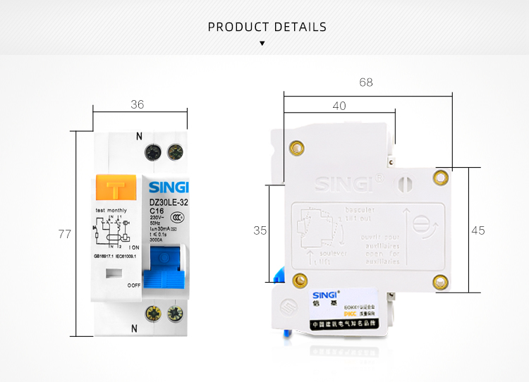 Singi DZ30LE-32 1P+N C type MCB 6kA 6-32A elce price Miniature circuit breakers 1p rcbo 30ma