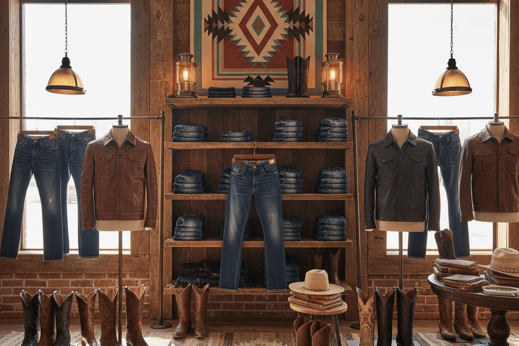 Stylish western storefront showcasing denim, leather jackets, and cowboy boots under natural window lighting, reflecting rising demand for southwestern aesthetics