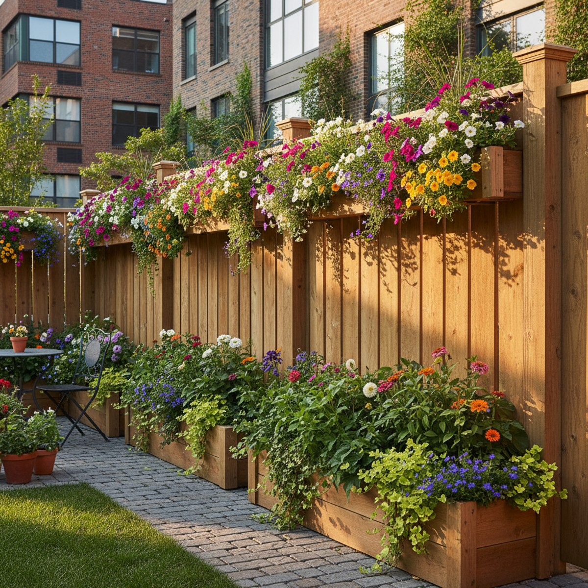 DIY cedar fence with planter boxes overflowing with colorful flowers and greenery.