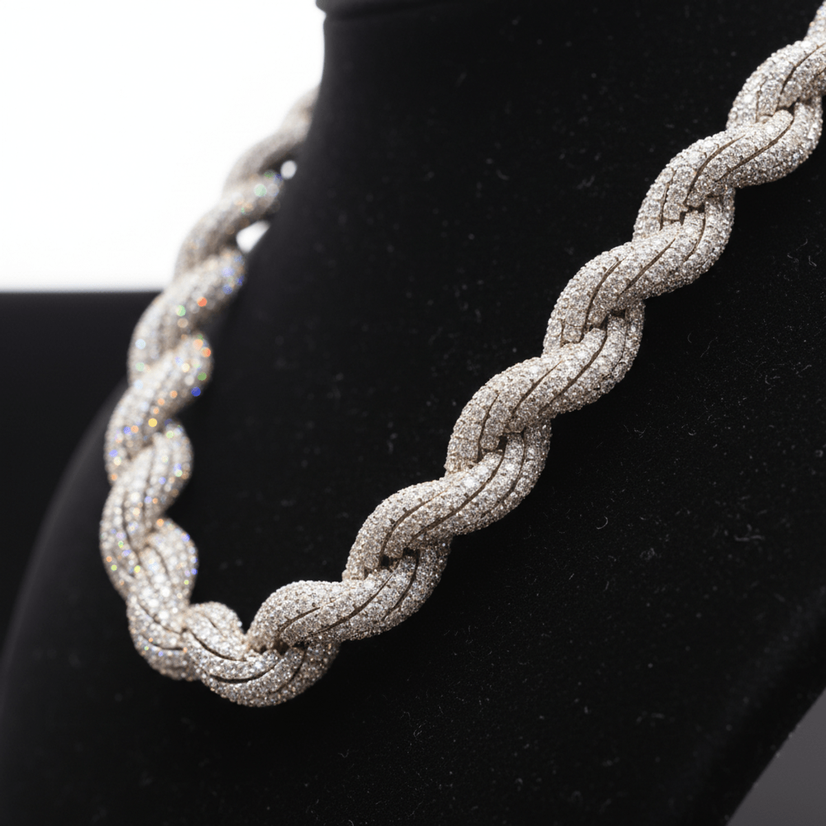Close-up of an intricate moissanite diamond rope chain with tiny stones.