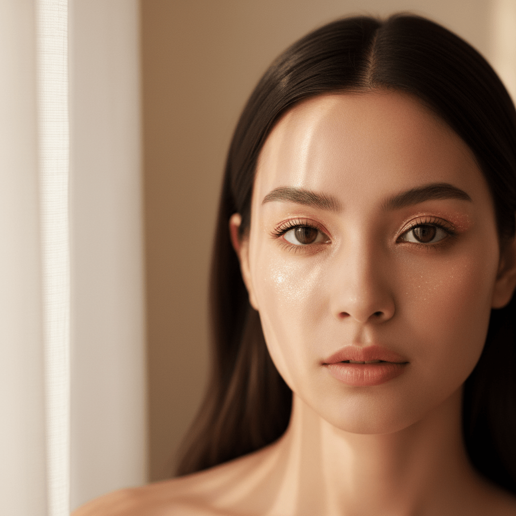 Model with expressive eyes, subtle under-eye fullness, and glowing skin.