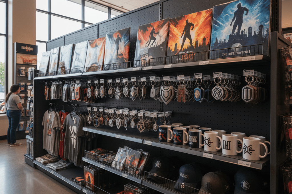 Wide-angle view of retail shelves featuring generic movie-themed products in warm daylight, highlighting pre-release market opportunities