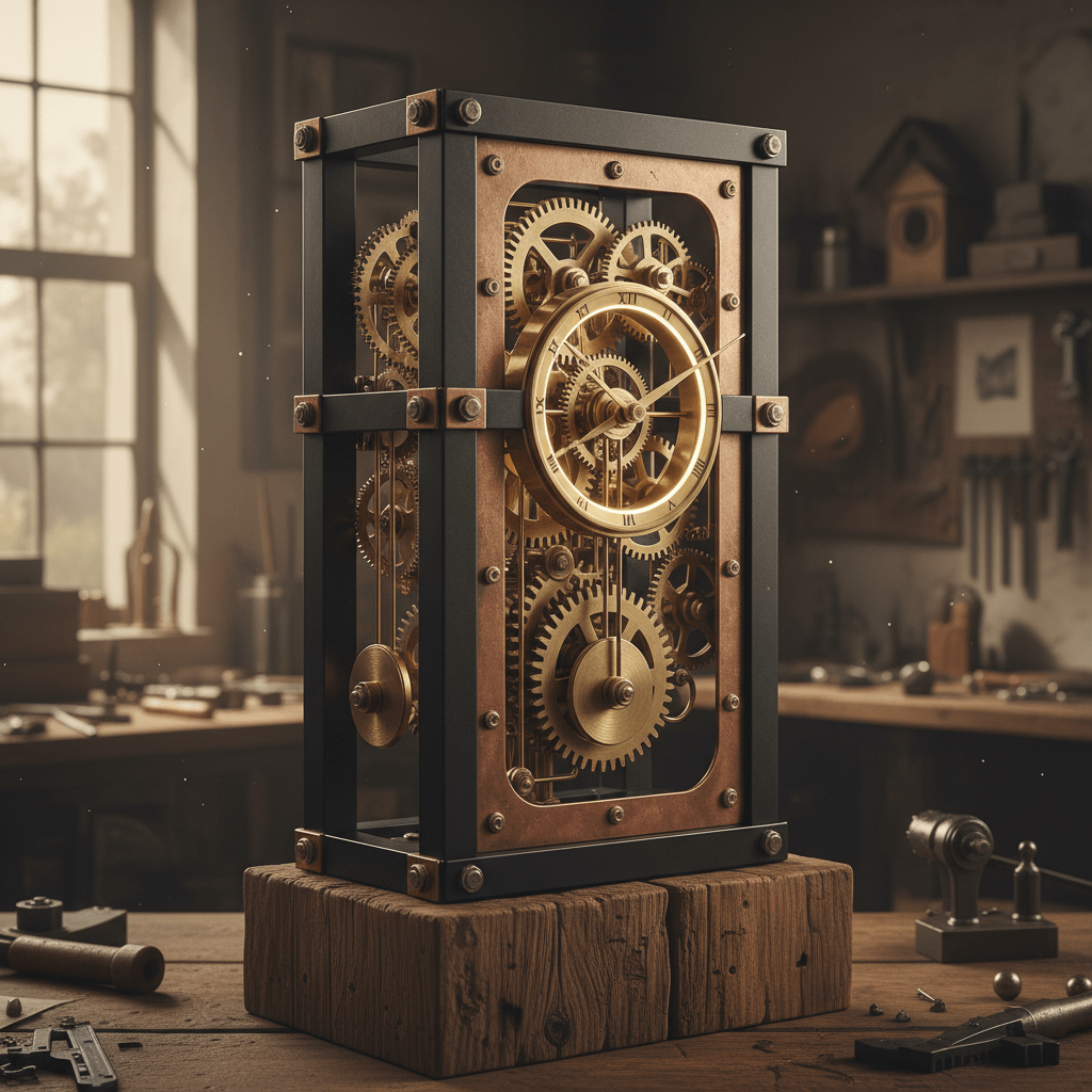 Steampunk kinetic clock sculpture with gears and pendulums on a wooden pedestal.