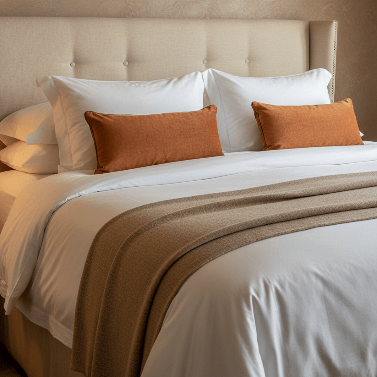 Luxurious king-size bed with Egyptian cotton sheets and plush pillows in a hotel suite.