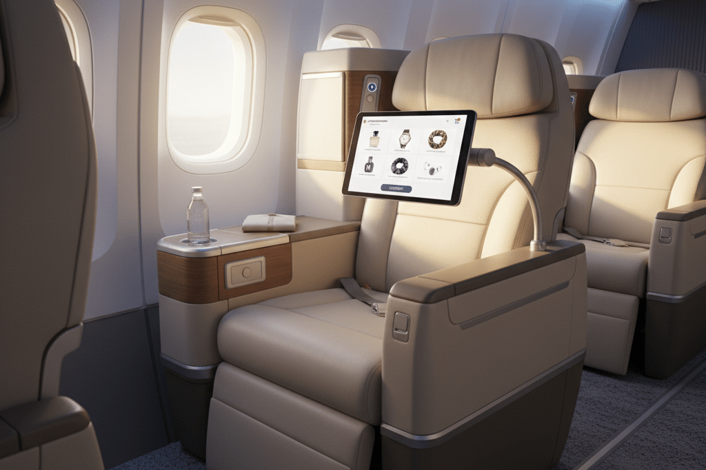 Wide shot of a business-class airplane seat with a tablet showing generic shopping interface under natural light