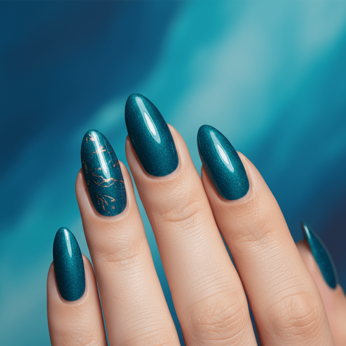 Close-up of glossy tidal teal nails with metallic accents shimmering like sunlight on water.