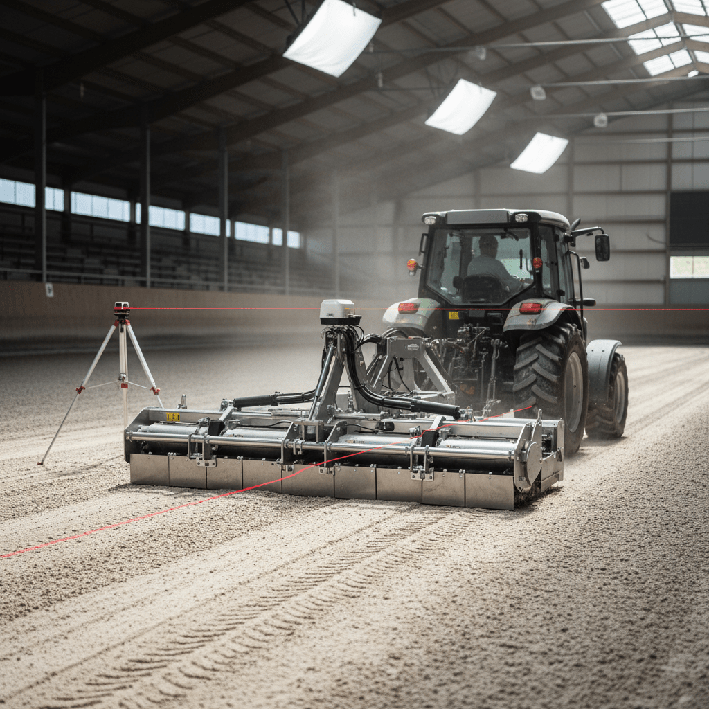 Laser-guided arena drag precisely leveling sandy surface in an indoor equestrian arena.