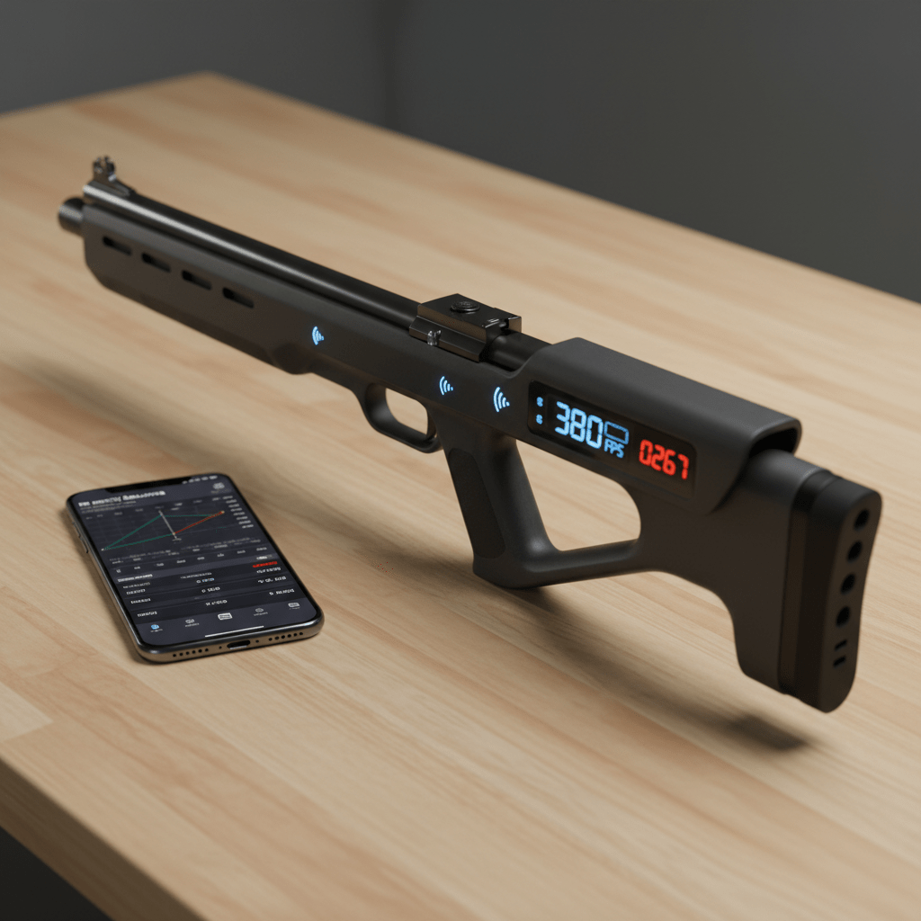 Sleek futuristic BB gun with digital tech details Futuristic BB gun with digital display on a workbench with a smartphone.