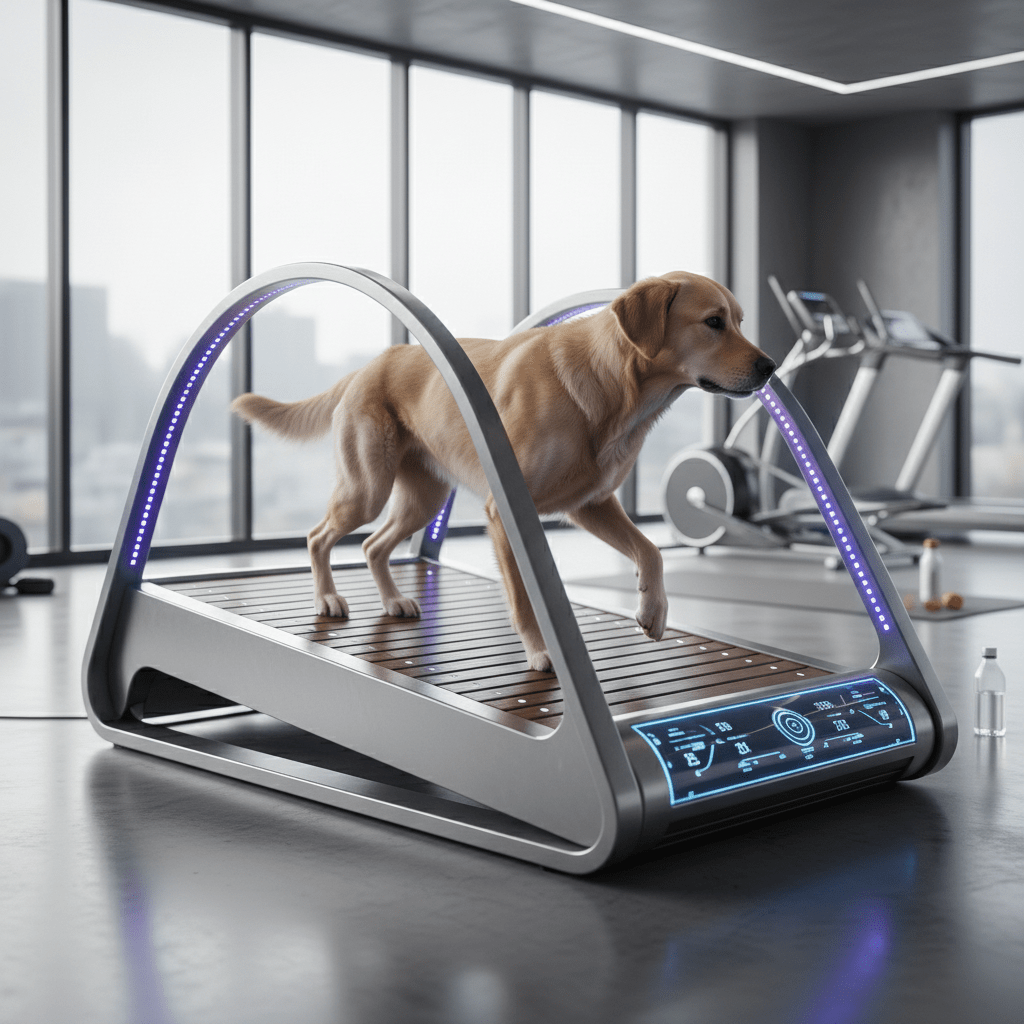Athletic dog running on a sleek, futuristic slatmill with glowing LED indicators.