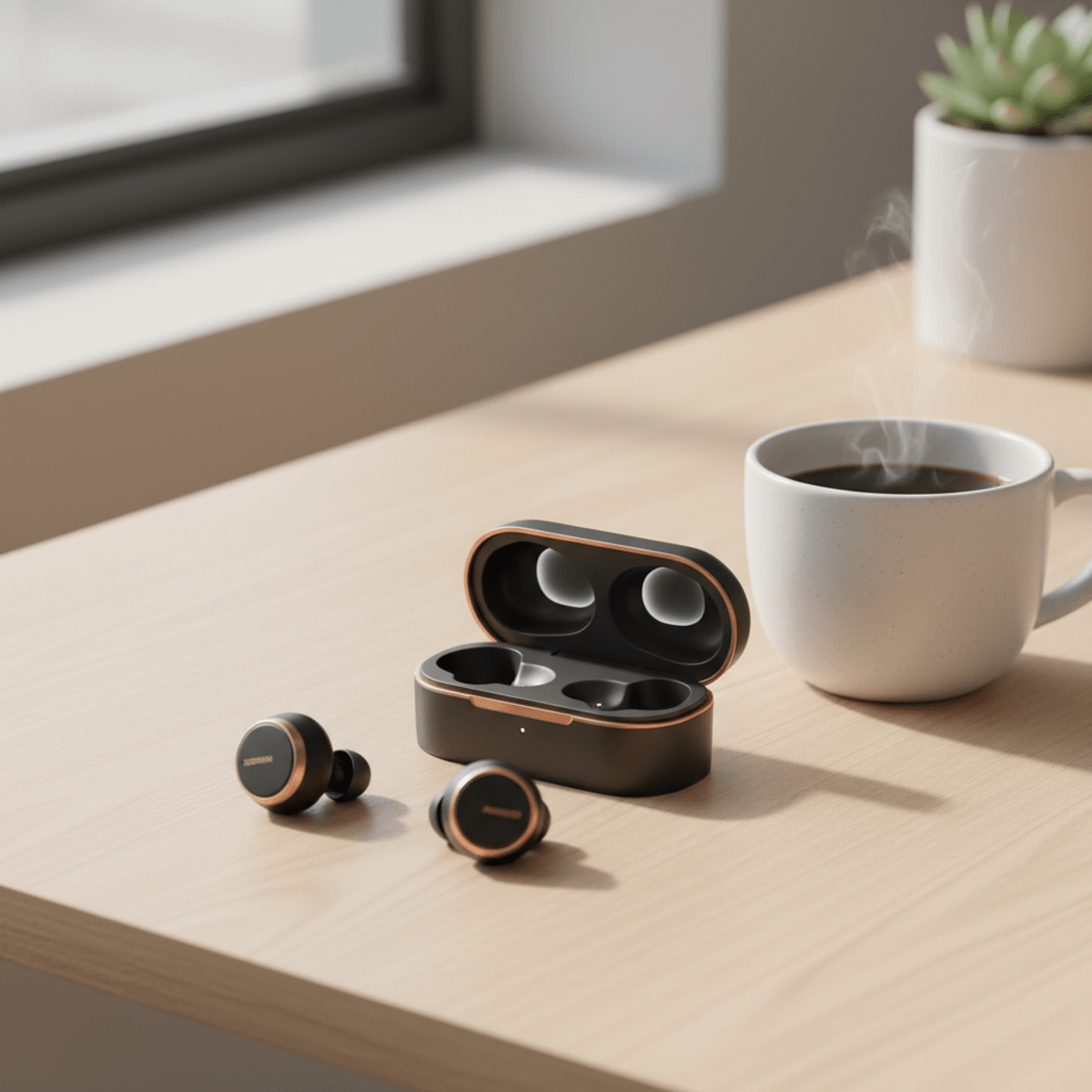 Elegant matte noise cancelling earbuds with copper detailing on a wooden desk.