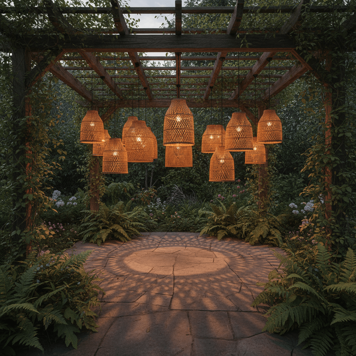 Solar garden lights in rattan fixtures hang from a pergola, casting warm light.