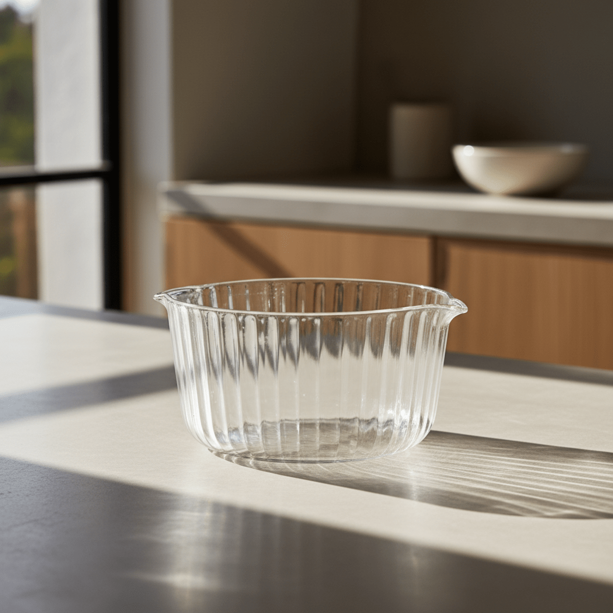 Transparent glass cooking pot with fluted ridges on a minimalist kitchen countertop.