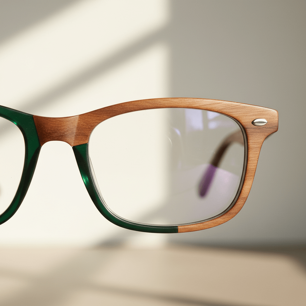 Luxury bifocal lenses with walnut and bio-acetate frames in warm organic tones.