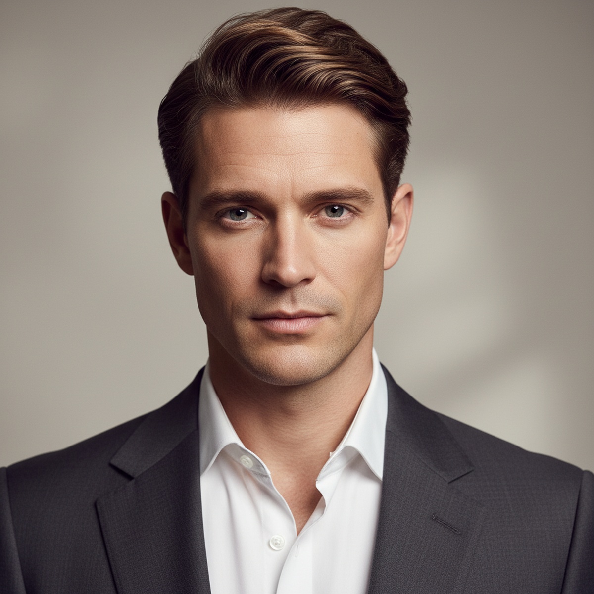 Modern gentleman with a classic side part haircut styled with natural volume and soft low-shine.