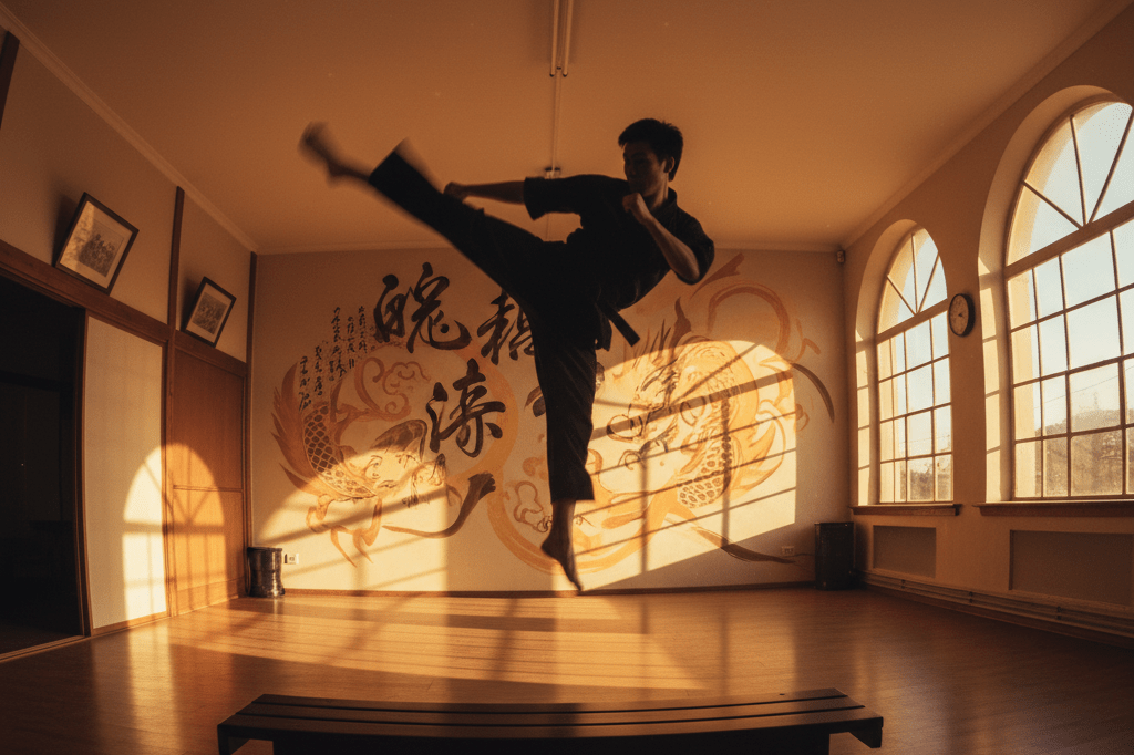 A martial artist performs a flying kick in a dojo with yellow brushstroke art, lit by sunset hues, representing enduring iconography.