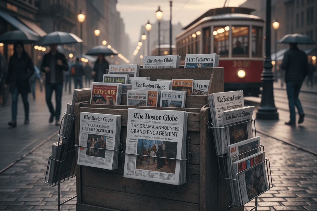 Vintage Newspaper Stand Featuring Mock Engagement Announcement Wide shot of a vintage newspaper stand showcasing The Boston Globe with a mock engagement announcement under soft urban lighting.