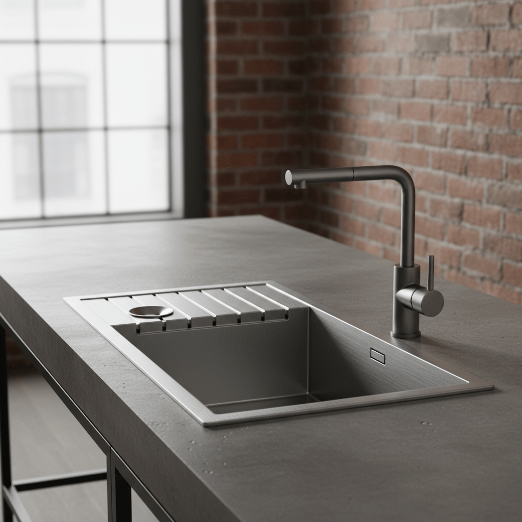 Robust stainless steel waterfall kitchen sink with matte gunmetal gray finish.