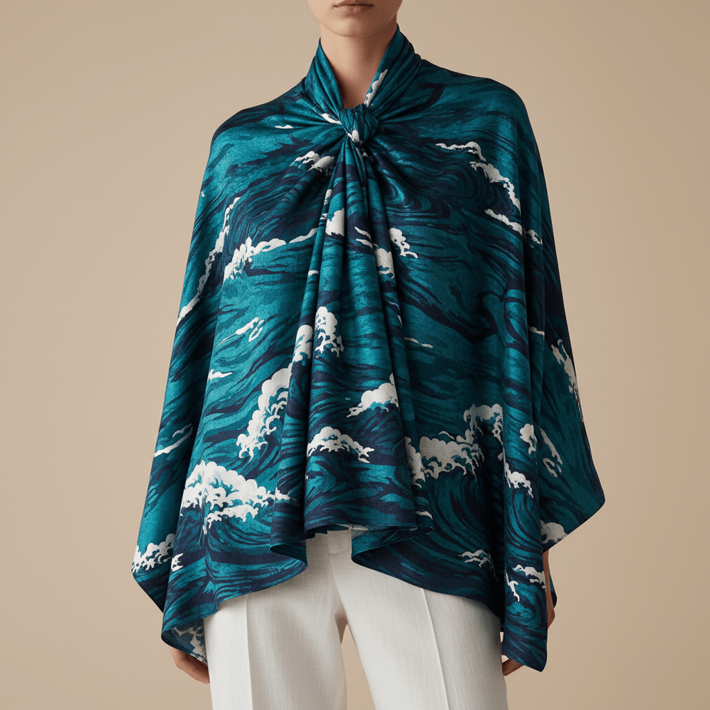 Flowing sarong skirt styled as a kimono top with linen trousers, featuring a water pattern.