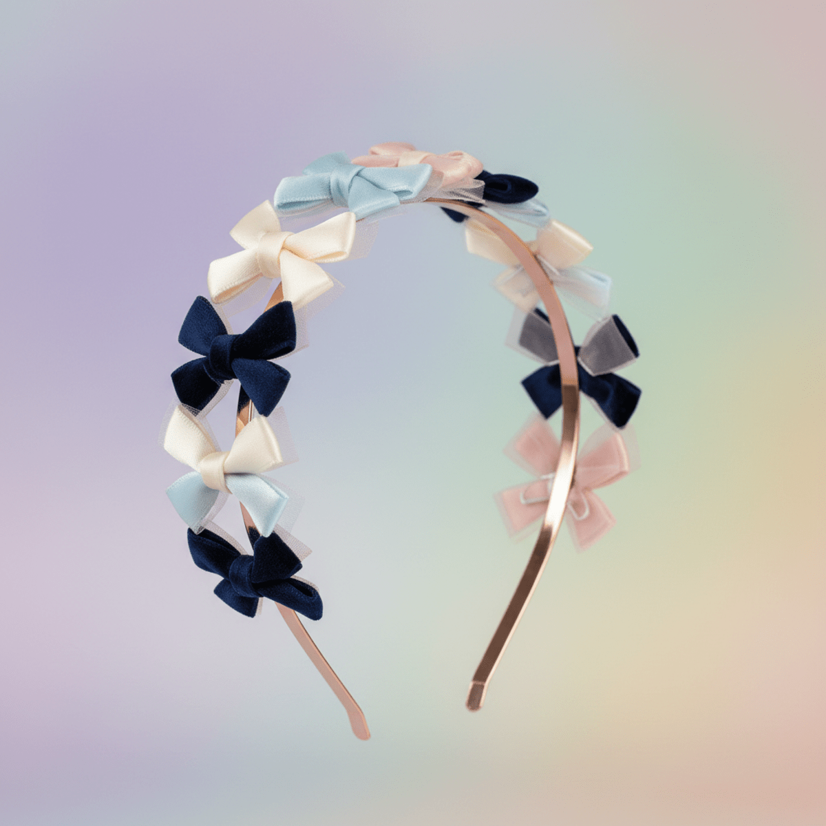 Close-up of a headband with silk, velvet, and tulle bows arranged like a star constellation.