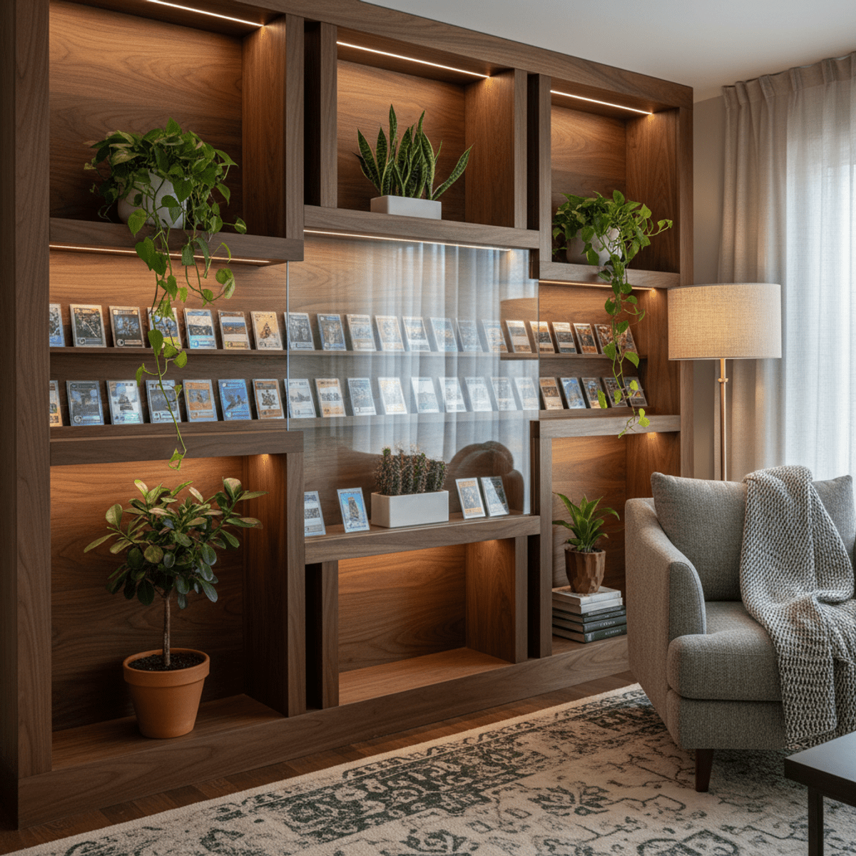 Sophisticated trading card display integrated into a cozy living room corner with walnut shelving.