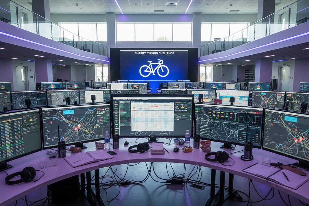 Wide shot of an event control room with monitors, maps, and supplies under ambient lighting, showcasing advanced coordination