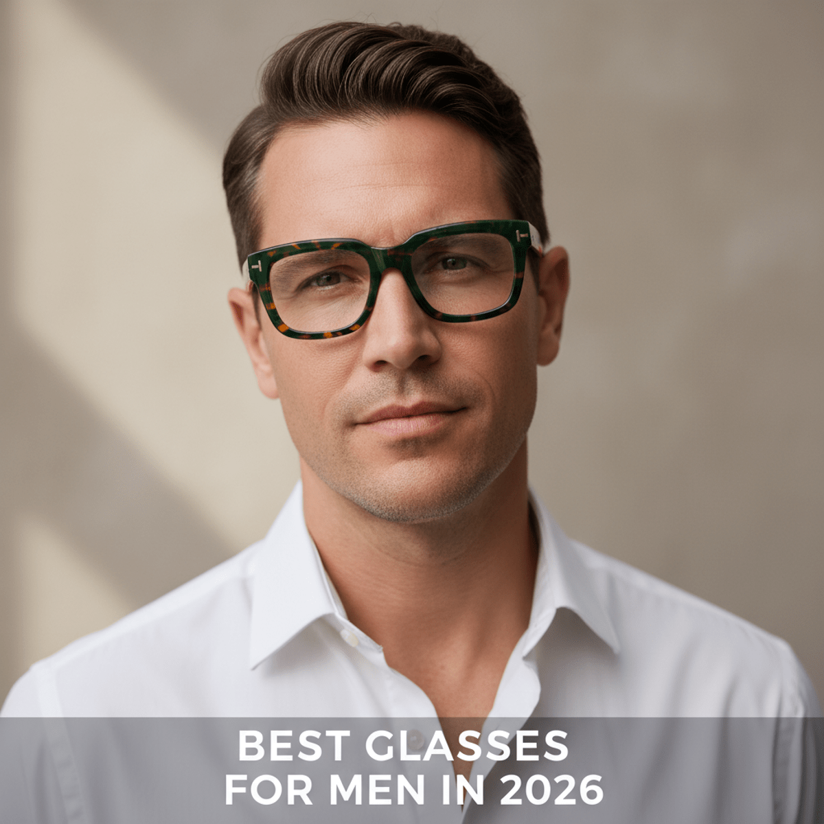 Man wearing bold bio-acetate eyewear with marbled green and amber frames.