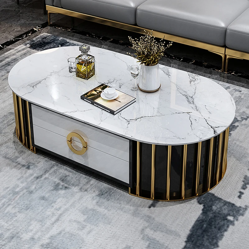 Luxury design gold stainless steel leg base black body white marble coffee table tv stand set