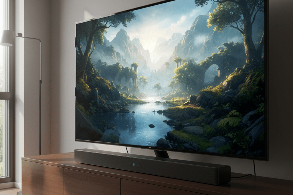 Sleek 4K TV displaying vibrant ray-traced fantasy scenes in a dimly lit room, symbolizing tech-driven retail trends