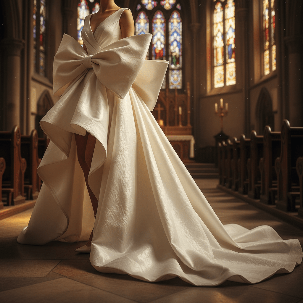 A high-low wedding dress of crisp taffeta with a dramatic sculptural bow.
